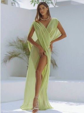 A Classy Chic Boutique Sheer Lime Green Draped Maxi Cover-Up
